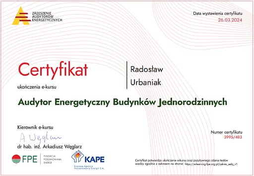 Audyt-Energetyczny-Certyfikat-Radoslaw-Urbaniak Audyt energetyczny Świadectwa Energetyczne Skierniewice